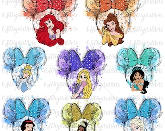 May include: A digital art print featuring Disney princesses in a watercolour style. Each princess is depicted with a Mickey Mouse ear headband with a bow. The princesses include Ariel, Belle, Cinderella, Rapunzel, Jasmine, Snow White, Tiana, and Elsa.