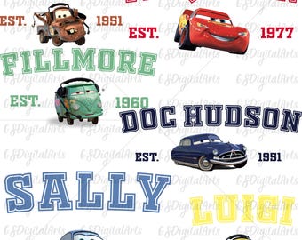 Puede incluir: Un collage digital con varios coches de dibujos animados de la película Cars de Disney Pixar. Los coches están representados en un estilo vintage con texto que dice "Mater McQueen", "Fillmore", "Doc Hudson", "Sally" y "Luigi" con sus respectivas fechas de establecimiento.