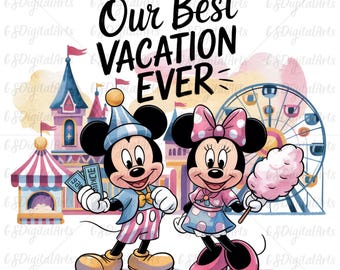 Clipart de vacaciones de Mickey y Minnie en el parque temático (arte digital PNG)
