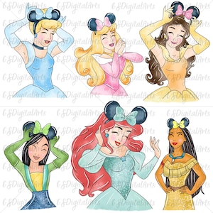 Disney Princess PNG Clipart Bundle | Cute Hand Drawn Princesses for Sublimation, Princess Png Bundle, Princess Mouse Ears png, Belle png
