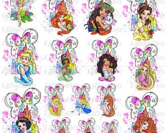 May include: A digital art print featuring various Disney princesses in front of a colourful castle with fireworks. The princesses include Cinderella, Ariel, Belle, Snow White, Rapunzel, Mulan, Tiana, and Pocahontas. The print is perfect for adding a touch of magic to any room.