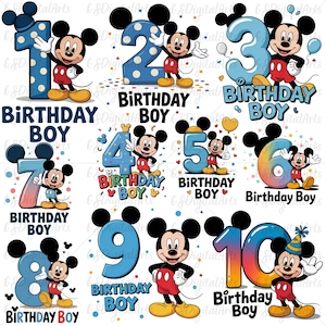 Mickey Mouse Birthday Boy PNG Bundle, 1st to 10th Age Number Clipart, Mickey Mouse Sublimation Design for Kids Party, Mouse Birthday Boy PNG