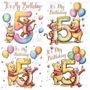 Winnie the Pooh 5th Birthday PNG Bundle, It&#39;s My Birthday Clipart with Tigger png, Pooh Birthday png, Cute Party Sublimation