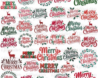 Merry Christmas Lettering PNG Bundle, Xmas Clipart (Digital Download)
