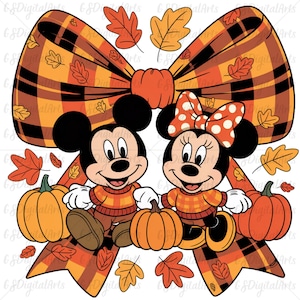 May include: A digital illustration featuring Mickey and Minnie Mouse in fall attire. They are holding pumpkins and surrounded by autumn leaves. A large plaid bow in orange and brown completes the festive design.
