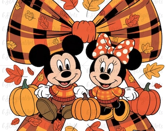 Mickey and Minnie Mouse Fall Pumpkin PNG: Plaid Bow, Autumn Leaves (Digital Download)