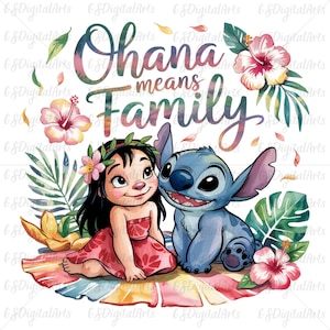 Ohana oznacza rodzinę PNG, Lilo i Stitch Sztuka cyfrowa, Cytat Disneya Clipart, Słodka kreskówka do druku do sublimacji, Projekt motywu rodzinnego