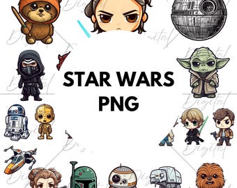 Space Wars Cute Characters, Unique Star Wars Drawing png, Star Wars Logo with Character Silhouettes PNG, Kawaii, Space Wars Clipart Set png