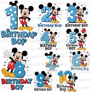 Puede incluir: Ilustraciones digitales de Mickey Mouse con los números del 1 al 10. Cada diseño incluye las palabras "Birthday Boy" y está decorado con confeti y estrellas. Los números son azules con lunares blancos o azul liso. ¡Feliz 7º cumpleaños!