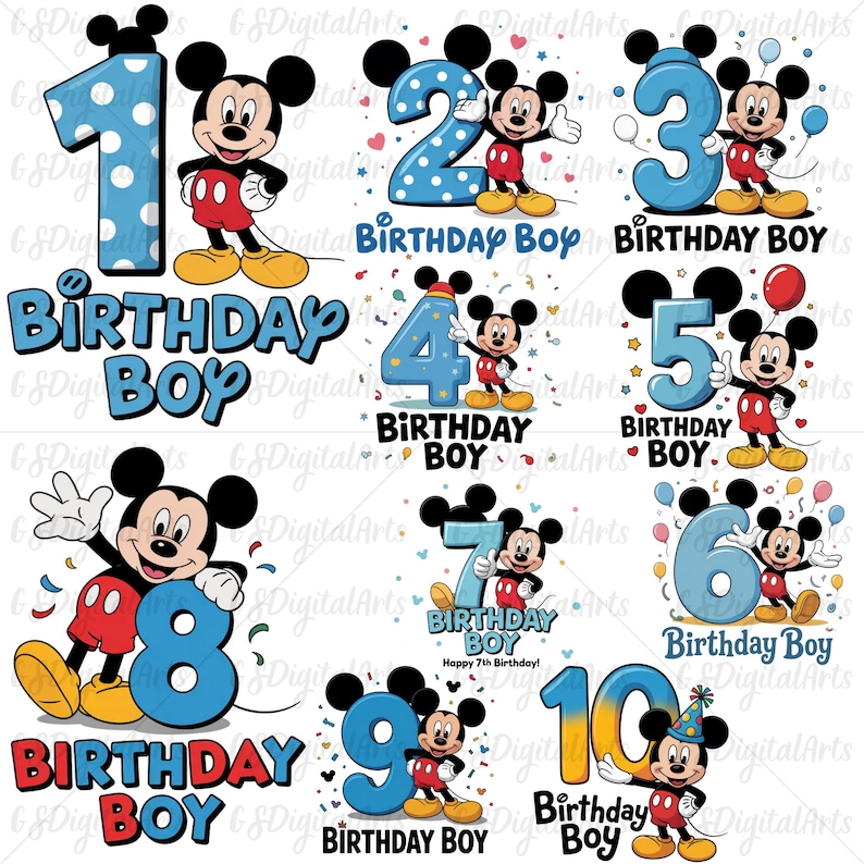 Mickey Birthday Boy Numbers PNG Bundle, 1st to 10th Birthday PNG, Disney Mickey Mouse Clipart, Sublimation for Kids Party, Mickey PNG