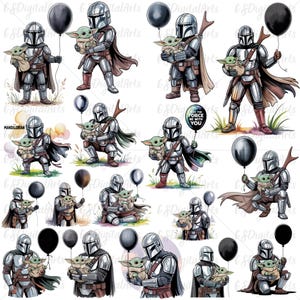 Mandalorian och Baby Yoda PNG Clipart-paket, Star Wars Grogu Art (digital nedladdning)