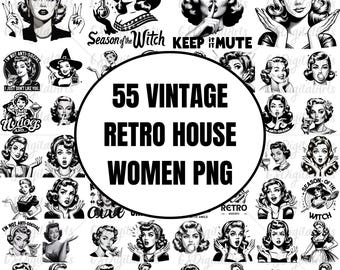Retro Housewife PNG Bundle: 55 Vintage Women Designs (Digital Download)