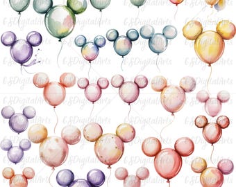 May include: Watercolor illustrations of Mickey Mouse-shaped balloons in various colors, including green, purple, pink, and yellow. Each balloon has a string attached, and some feature star patterns. The balloons are arranged in a scattered pattern.