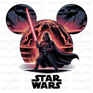 May include: A digital illustration of Darth Vader holding a red lightsaber, set against a fiery planet and a Mickey Mouse ear silhouette. The Star Wars logo is at the bottom. The color palette includes black, red, and orange.