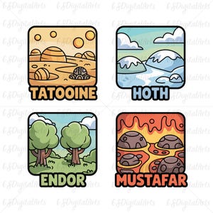 May include: Four square illustrations featuring landscapes from a science fiction universe. The images include Tatooine, Hoth, Endor, and Mustafar, each with unique environments and the planet's name below. The illustrations are in a cartoon style.