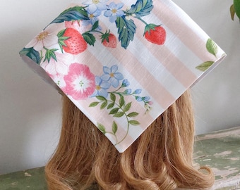 Strawberry Patch Summer Scarf Strawberry Head Scarf Headscarf Hair Scarf Hand Sewn Linen Scarf Head Scarf