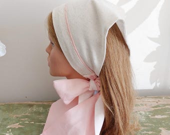 Oatmeal and Pink Linen Head Scarf Linen Scarf Hand Sewn Summer Scarf Headscarf Hair Scarf Church Scarf Triangular Scarf