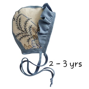 Vintage Embroidered Linen Baby Bonnet with Blue Linen Sun Hat Linen Hat Baby Girl Bonnet Toddler Hat Brimmed Bonnet