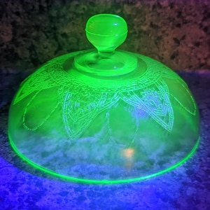 Uranium Glass Green Butter Dish Dome Cover Lid ONLY Glowing Vaseline