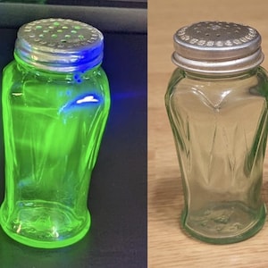 Uranium Glass Green Salt Pepper Shaker with Metal Lids Hazel Atlas Set Of 2