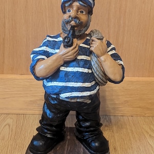 Vintage Nautical Sailor Man with Pipe & Rope Carved Resin Figurine Statue
