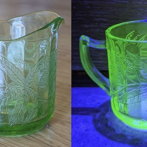 Uranium Glass Green Creamer Pitcher Jeanette Floral Poinsettia Pattern