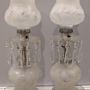 May include: Two matching frosted glass lamps with floral and leaf designs. Each lamp has a clear crystal fringe and a frosted glass shade. The lamps are on a clear glass surface.