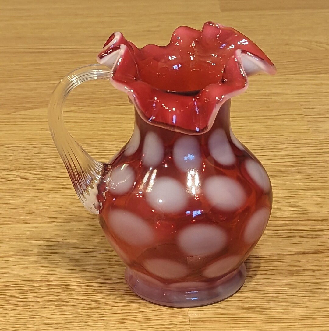 Fenton Cranberry Glass Opalescent Coin Dot Handled Jug With Ruffled ...