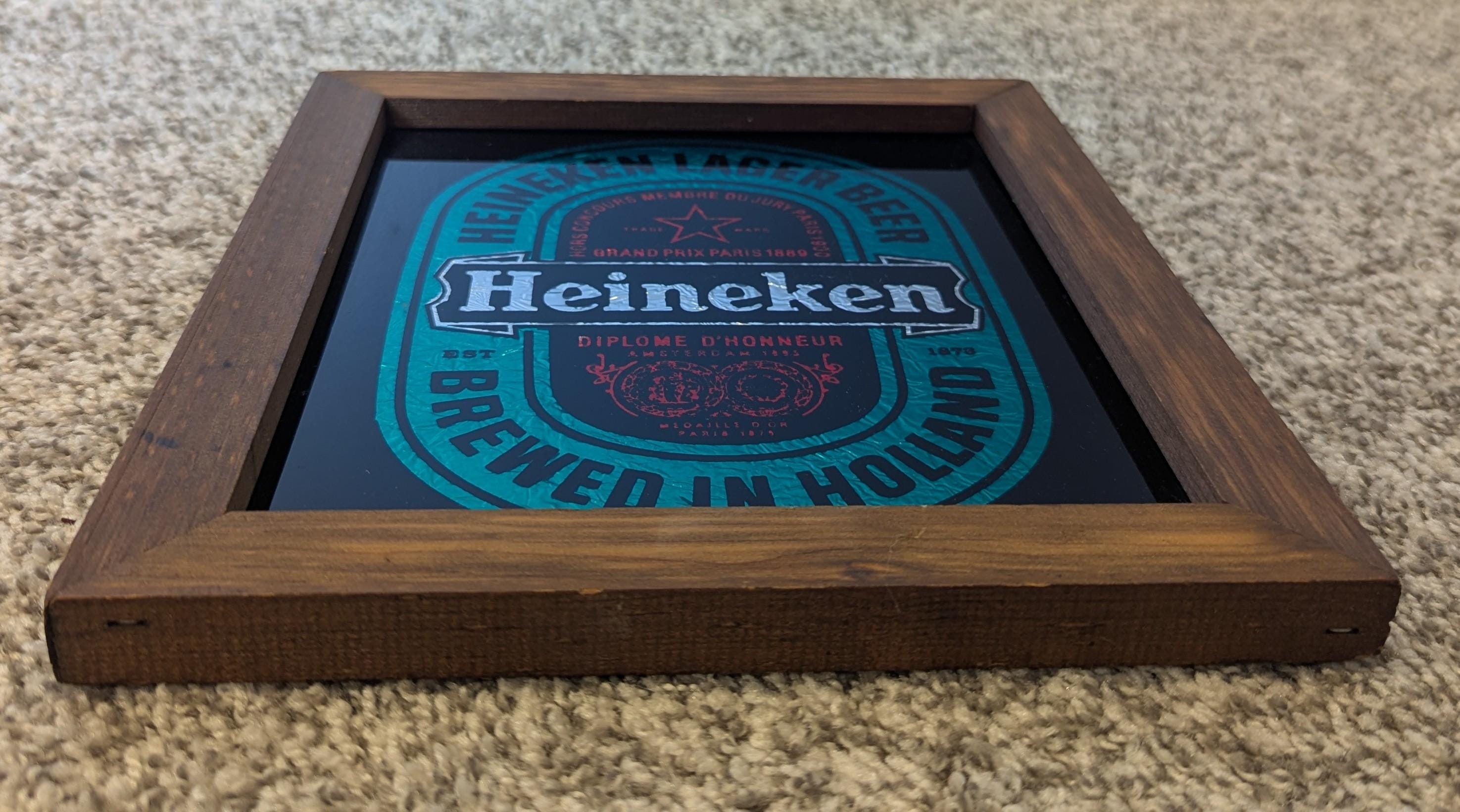 Heineken Lager Beer Mirror Wall Sign Green Wood Framed Vintage