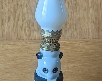 Vintage Panda Hurricane Oil Lamp Small Hand Painted Ceramic with White Glass Chimney *READ*