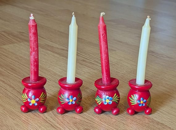 Swedish Miniature Wood Candle Holders with White & Red Candles Folk Art *READ