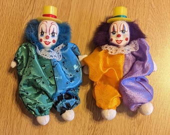 Vintage Colorful Circus Clowns Sand Bag Yellow Hat Hand Painted Face Pin Cushion