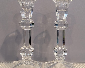 Clear Glass Crystal Pillar Candlestick Holders Hexagonal Base Set of 2