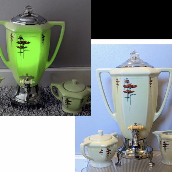 Uranium Royal Rochester Coffee Pot Percolator with Sugar Bowl & Creamer No Cord