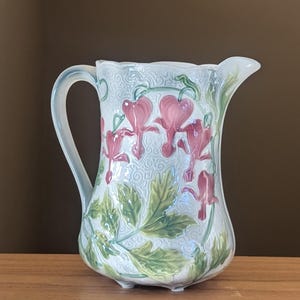 Saint Clement French Majolica Pitcher Antique Bleeding Heart Floral Pottery