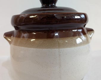 Vintage | 3 Tone Brown Glazed Stoneware Bean Pot with Handles & Lid Pottery
