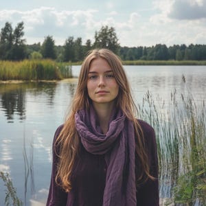 May include: A woman with long, light brown hair and a purple scarf stands in front of a lake. She wears a dark purple shirt. The background includes water, reeds, trees, and a cloudy sky.