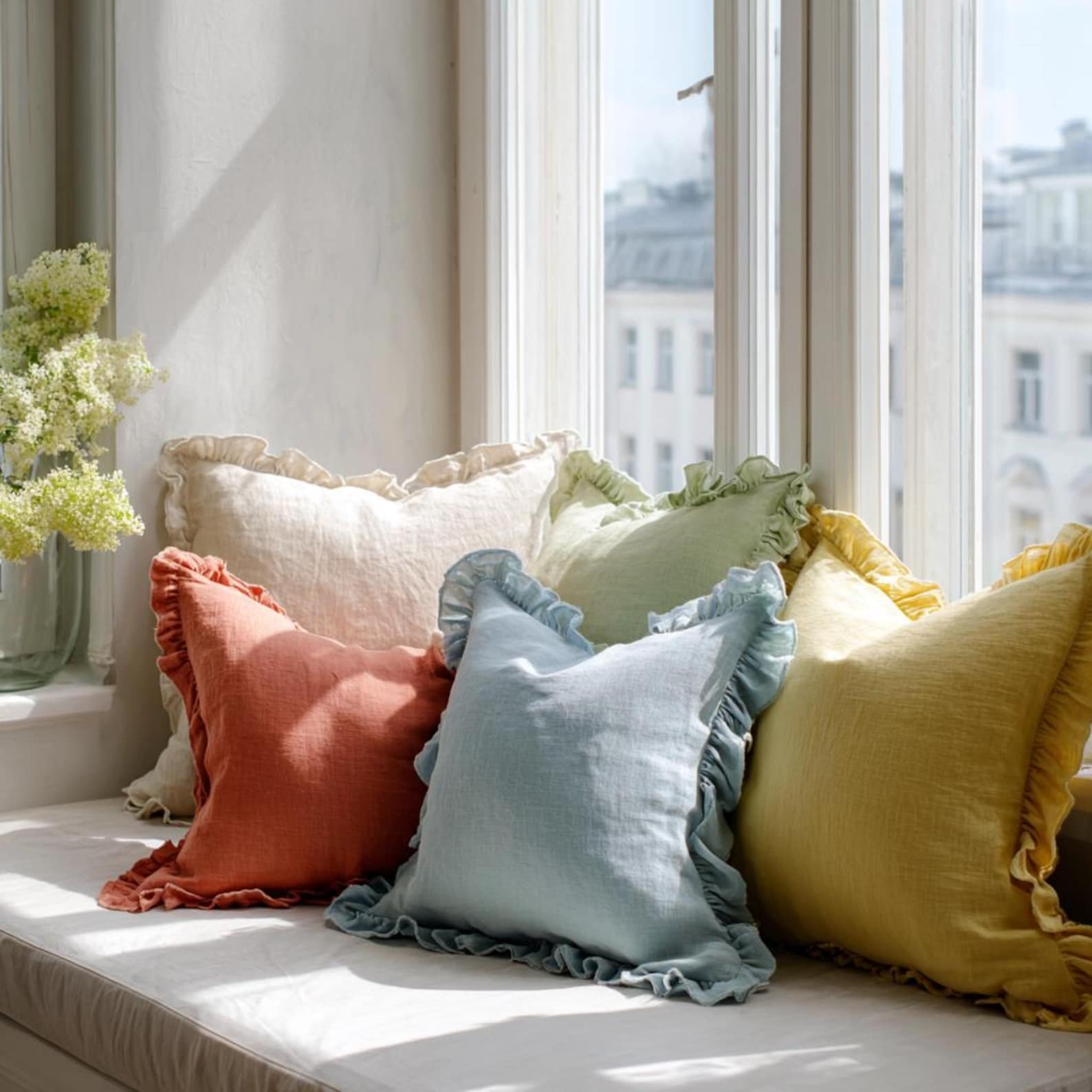 Linen Pillowcase With Ruffles Decorative Soft Ruffled Shams with Zipper closure Custom Size Breathable Pillow Cover Soft Ruffled Case - Standard 20x26", Scarlet
