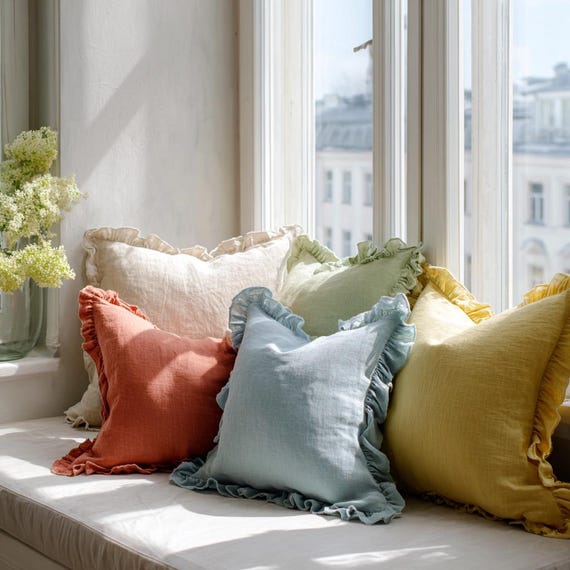 Linen Pillowcase With Ruffles Decorative Soft Ruffled Shams with Zipper closure Custom Size Breathable Pillow Cover Soft Ruffled Case
