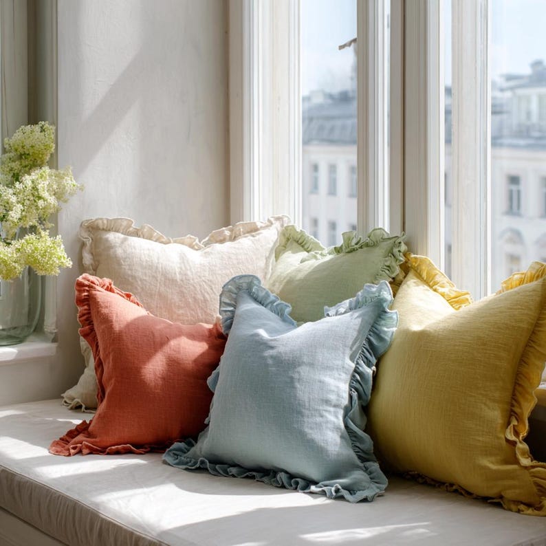 Beautiful handmade linen pillow covers featuring delicate, elegant ruffles in fresh, vibrant colors—soft ivory, sunny yellow, calming blue, sage green, and warm terracotta. Crafted from 100% premium European flax linen, these pillow shams are breathable, hypoallergenic, eco-friendly, and pre-washed for extra softness. Ideal to brighten bedrooms, living rooms, or cozy reading nooks with charming, stylish comfort.