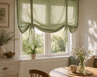 Linen Tie Up Valance, Relaxed Roman Shade, European Linen Panel, Natural Drapes, Custom Curtains