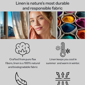 May include: Informative graphic promoting linen fabric. The image includes a woman, linen curtains, and colorful powders. Text highlights linen's natural, breathable, and durable qualities. The text reads "Why Linenistic" and "Linen is nature's most durable and responsible fabric."