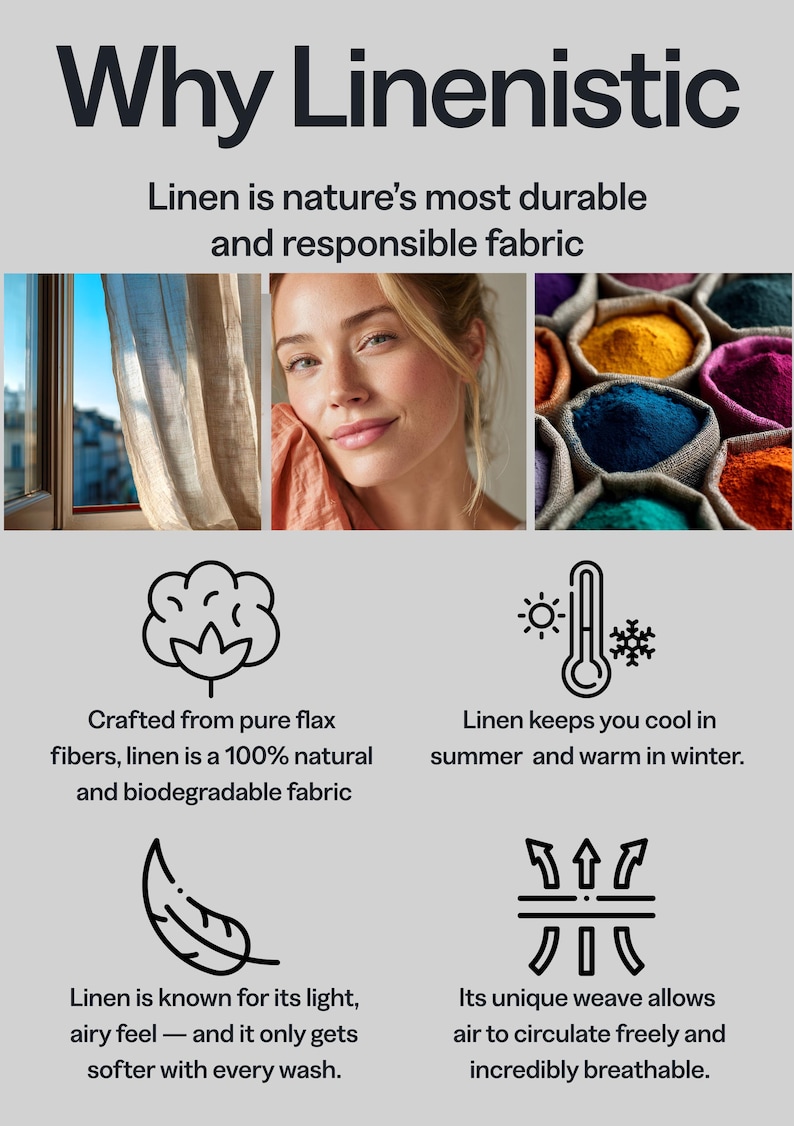 May include: Informative graphic promoting linen fabric. The image includes a woman, linen curtains, and colorful powders. Text highlights linen's natural, breathable, and durable qualities. The text reads "Why Linenistic" and "Linen is nature's most durable and responsible fabric."