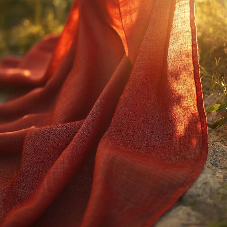 May include: A flowing, deep red fabric is draped over a stone surface, illuminated by sunlight. The fabric's texture is visible, with subtle variations in color and shadow. The scene evokes a sense of warmth and natural beauty, suggesting a textile product.