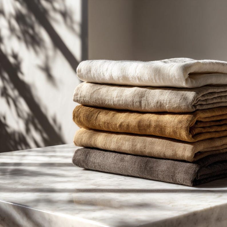 May include: A stack of folded linen textiles in various neutral colors, including cream, beige, and brown. The textiles are neatly arranged, with visible textures and folds. The image is lit with natural light, creating shadows.