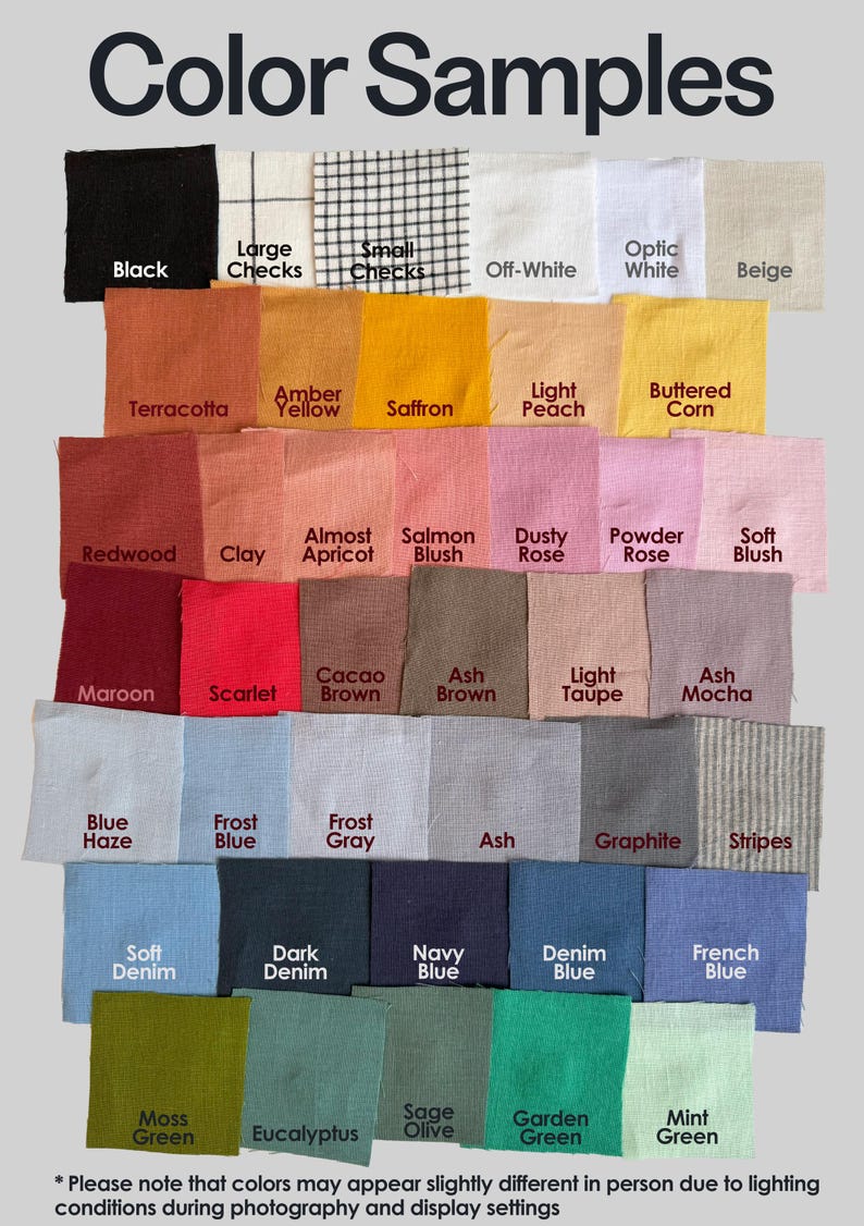 May include: A color chart with fabric swatches in various shades, including black, white, beige, and a range of colors like terracotta, amber yellow, and navy blue. The text "Color Samples" is at the top.