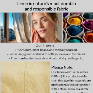 May include: Image promoting linen fabric, with text "Why Linenistic". Includes photos of linen curtains, a person with linen, and colorful powders. The fabric width is 140cm.