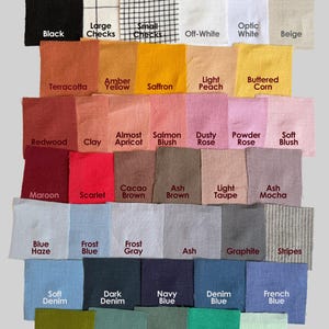 May include: A colour chart displaying fabric swatches with various hues. Labels include "Black," "Terracotta," "Navy Blue," and "Mint Green." The image is titled "Color Samples." Measurements are not applicable.