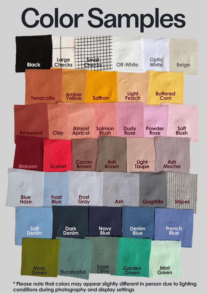 May include: A colour chart displaying fabric swatches with various hues. Labels include "Black," "Terracotta," "Navy Blue," and "Mint Green." The image is titled "Color Samples." Measurements are not applicable.
