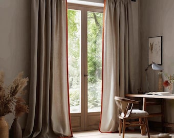 Trimmed Linen Curtain, Piped Edge Linen Drapes,  Bordered Linen Panels, Made to Order, Custom Size